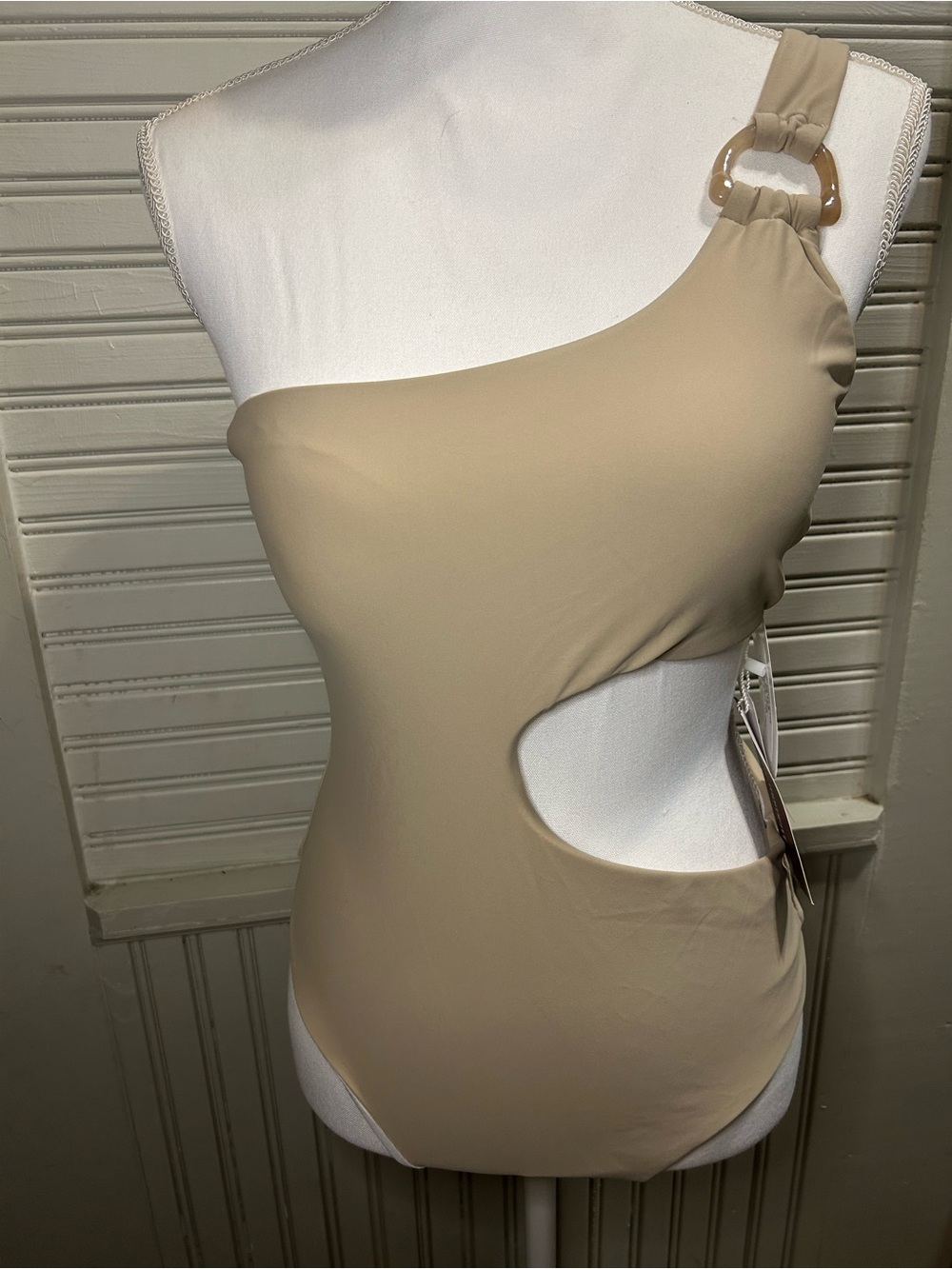 Moment Women's Beige One Shoulder Cutout One Piece Swimsuit Size M
